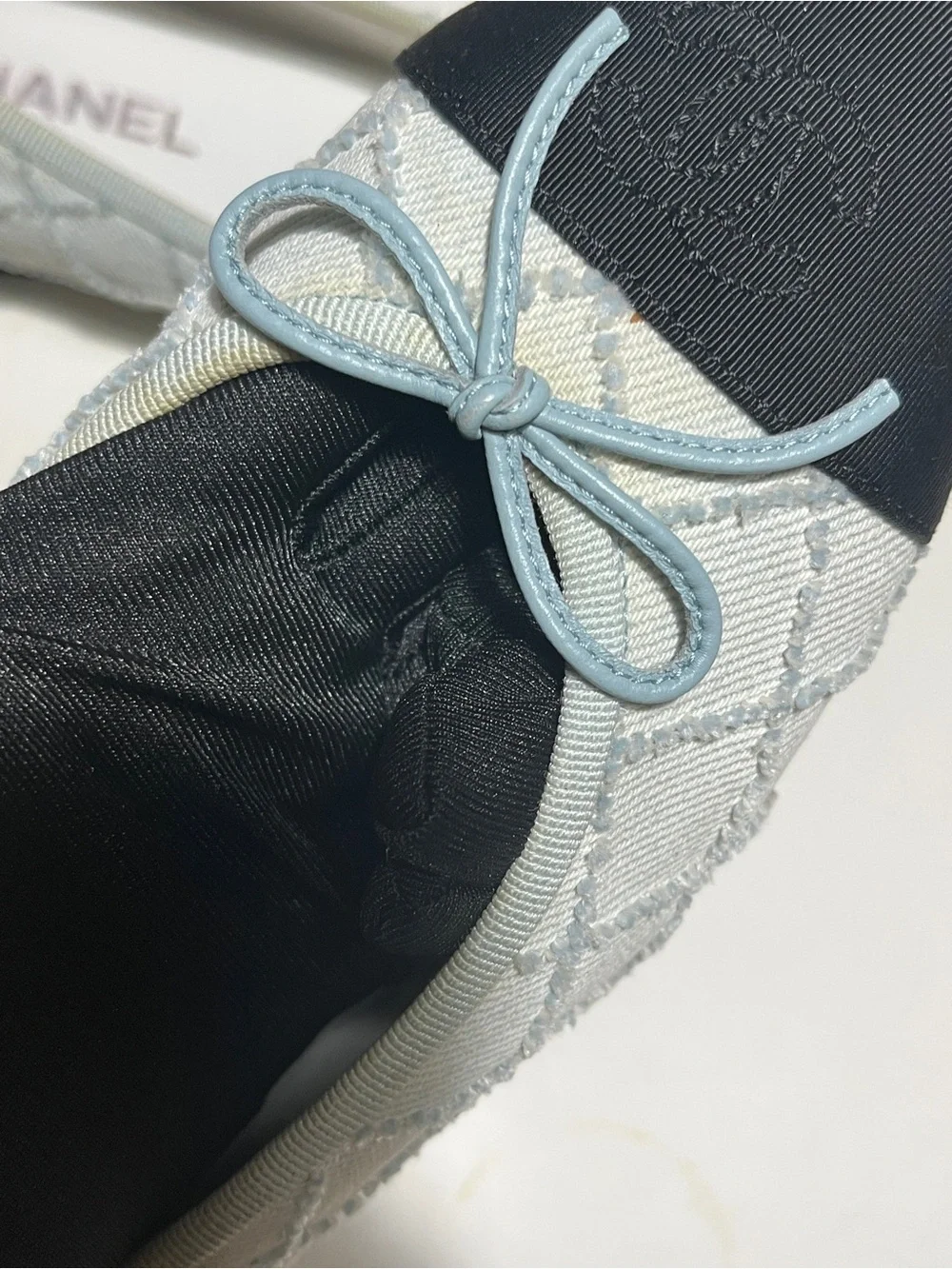 Chanel Women's Two-Tone Light Blue and Black Quilted Ballerina Flats denim